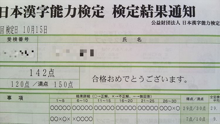 漢検の結果通知が届き 家族3人揃って8級に合格